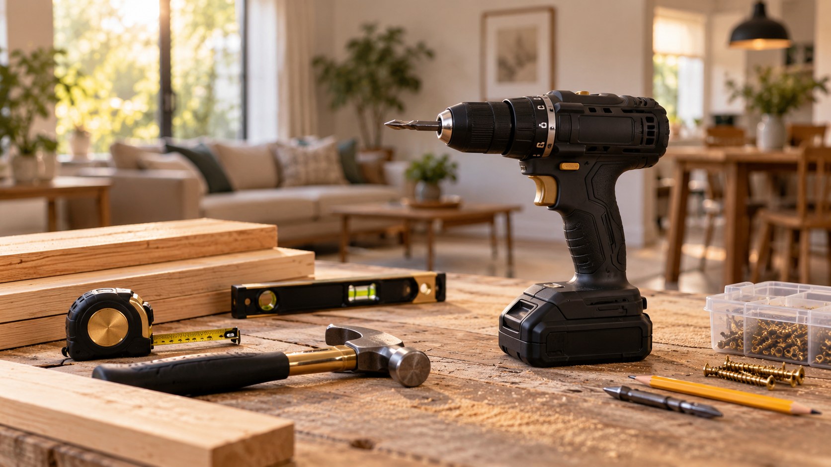 Hand tools and a drill on a tidy wooden workbench